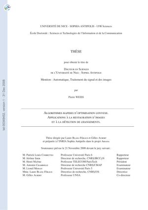 Thumbnail of book [tel-00349452, v1] Algorithmes rapides d'optimisation convexe. Applications à la reconstruction d'images et à la détection de changements. cover