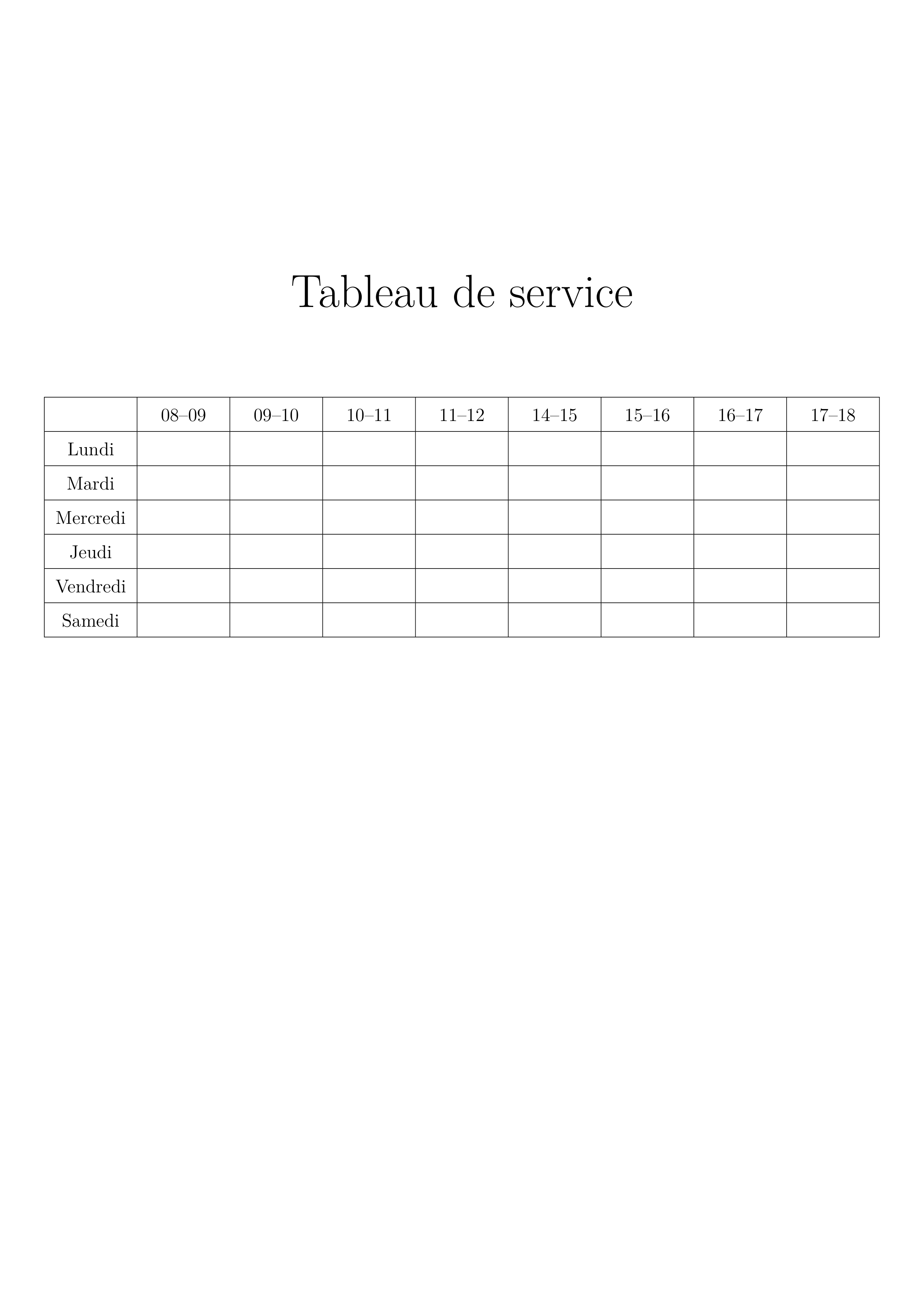 tableau de service; emploi du temp