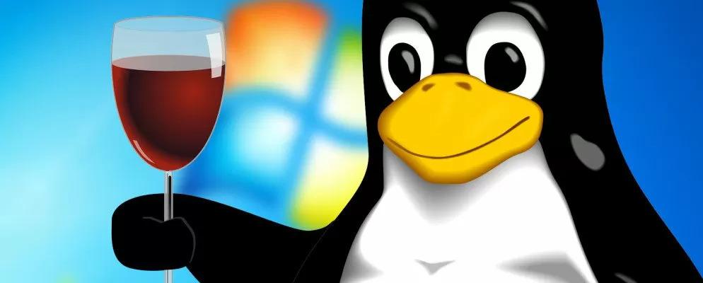 Banner of wine, punguin , linux windows