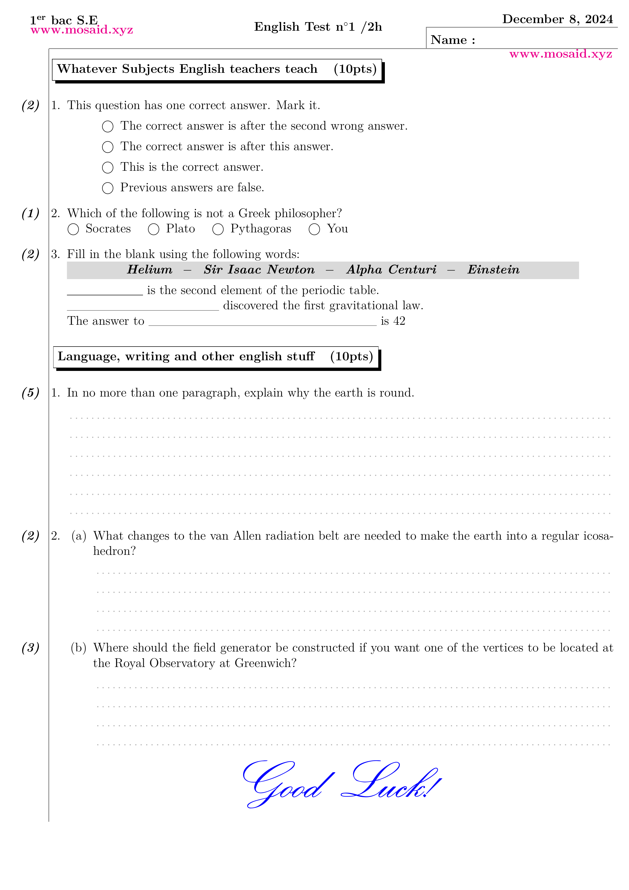 Exam compiled with XeLatex without solutions