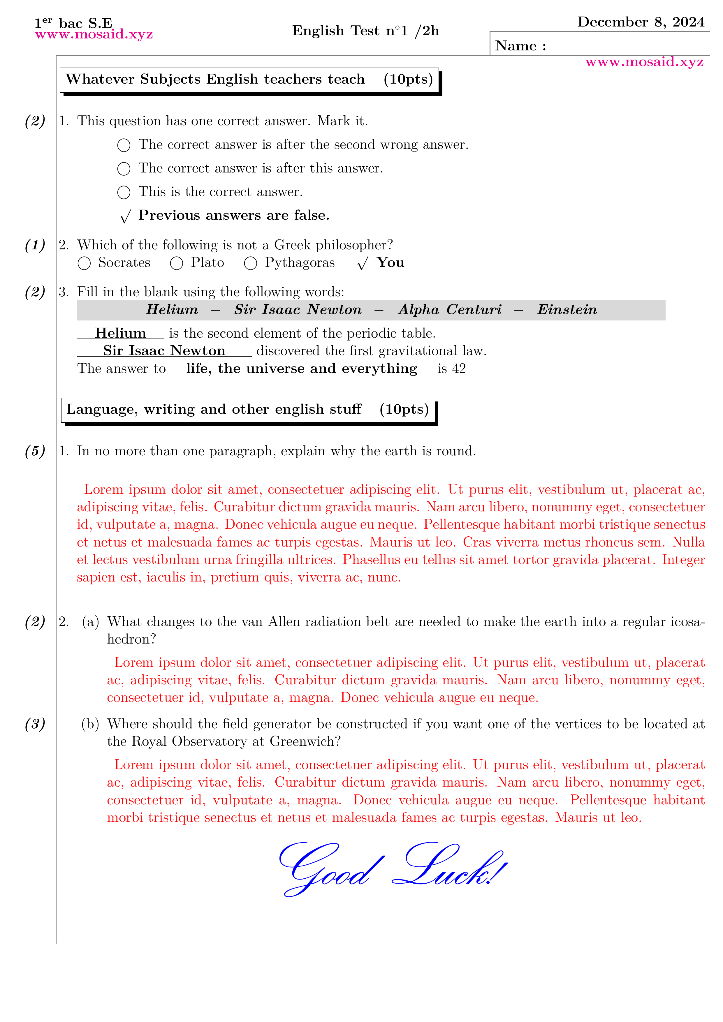 Exam compiled with XeLatex with solutions