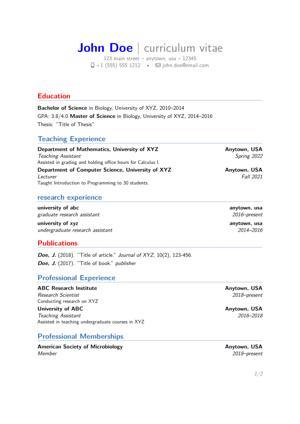 A professional CV created by latex Thumbnail