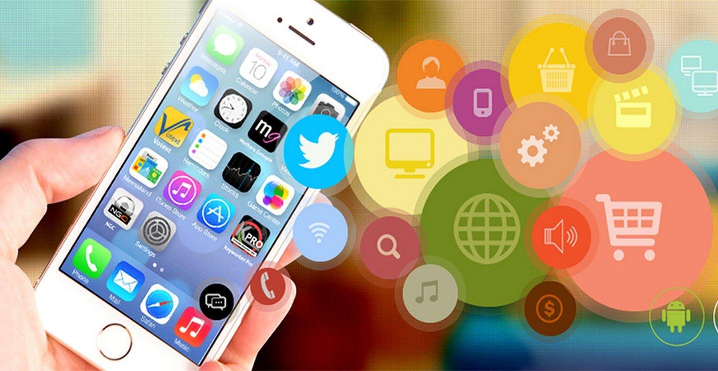 Banner of Image of iPhone home screen displaying app icons for Facebook, Instagram, Twitter, YouTube, Google Maps, and many others, as well as icons for Safari and Google Chrome browsers, Android system settings, volume control, and shopping cart.